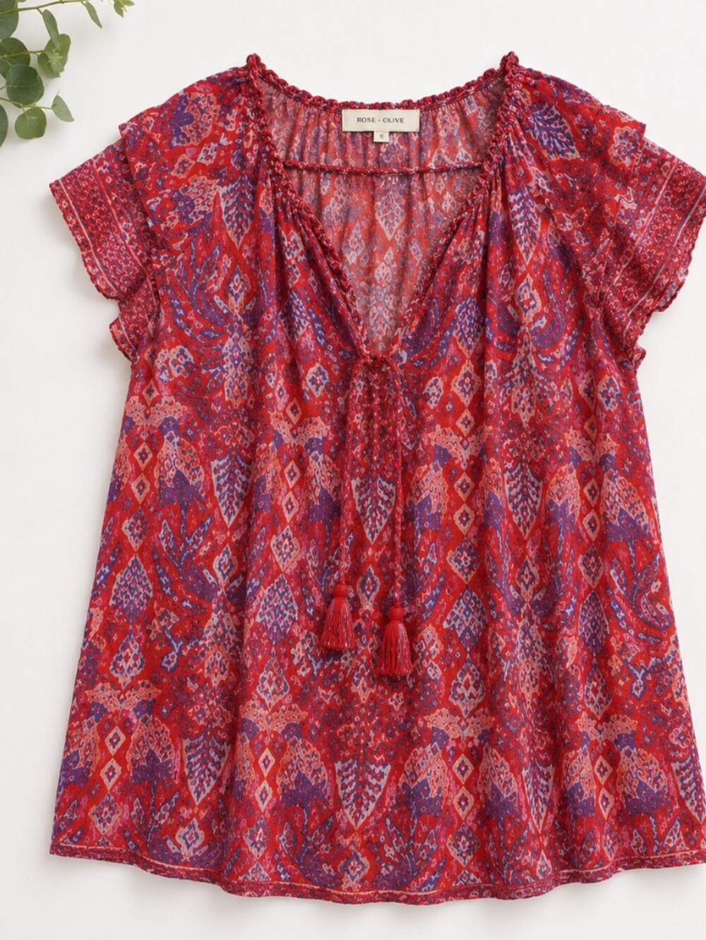 Rose & Olive Red and Purple Paisley V-Neck Blouse